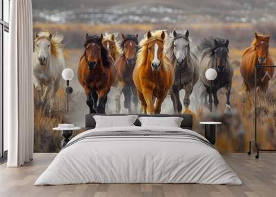 A herd of wild horses runs freely across the dusty landscape, their manes flowing with power and speed Wall mural