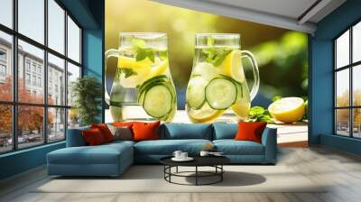 A jar of fresh and healthy cucumber lemonade with mint, ice, and citrus slices. Wall mural