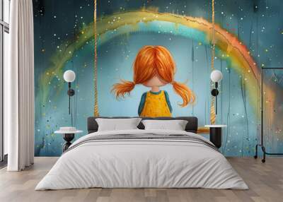 A lovely young girl swings in the rain under a rainbow, embodying beauty and imagination Wall mural