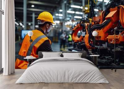 A male engineer in a hard hat inspects equipment in a modern manufacturing plant using a laptop. Wall mural