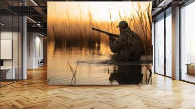 A male hunter with a gun in camouflage clothes hides in the reeds at sunset and waits for prey. Generative AI Wall mural