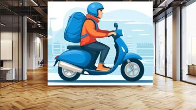 A man in a blue helmet rides a blue scooter with a backpack on his back. The man is wearing an orange jacket. The image has a casual and relaxed mood Wall mural