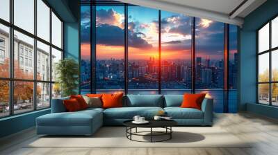 A modern downtown skyline at dusk, with skyscrapers reflecting the sunset, showcasing urban success. Wall mural