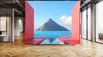 A mountain is in the background of a red and blue building. The mountain is covered in snow and the water is calm. The building is a modern design with a red and blue color scheme Wall mural