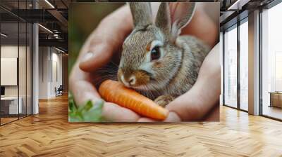 A person is holding a rabbit and a carrot. The scene is peaceful and calm Wall mural