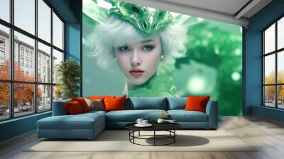 A portrait of a fairy-tale mystical girl in a green costume  Celebrating the New Year of the Dragon. AI generative Wall mural