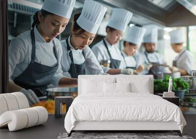 A professional asian team of cooks, preparing delicious meals in a restaurant kitchen. Wall mural