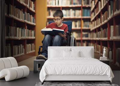 A schoolboy in a wheelchair is studying knowledge in the library using education and accessibility. Wall mural