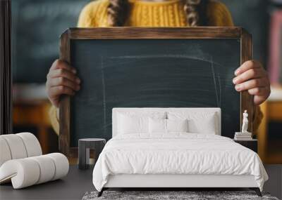 A schoolgirl holding an empty blackboard in a classroom, ready for educational messages and drawings. Wall mural