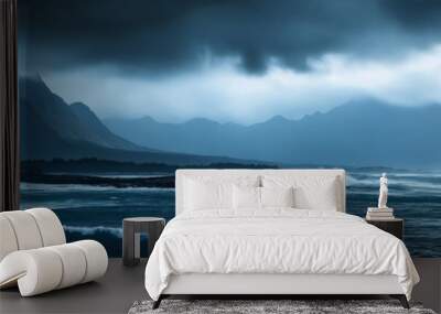 A stormy ocean with mountains in the background. The sky is dark and cloudy. Scene is ominous and foreboding Wall mural