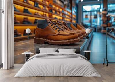 A stylish shoe store display featuring a diverse collection of fashionable leather footwear. Wall mural