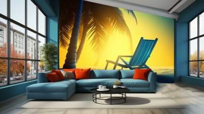 A vibrant blue beach chair basks in the suns glow, set against a backdrop of a graceful palm tree. Generative AI Wall mural