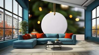 A white round ceramic Christmas ornament. Festive decoration for mockup. Blurred green tree in the background. Wall mural