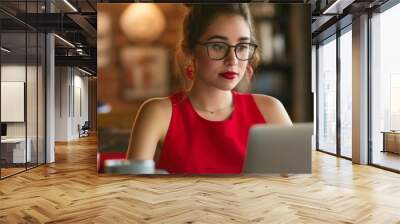 A woman in a red dress is sitting at a table with a laptop in front of her. She is wearing glasses and has red lipstick on. The scene takes place in a restaurant Wall mural