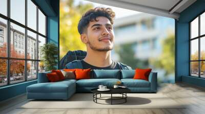 A young man with a backpack and a smile on his face. He is looking up at the sky Wall mural