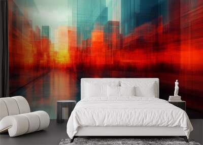 Abstract city street with modern buildings and red light trails Wall mural