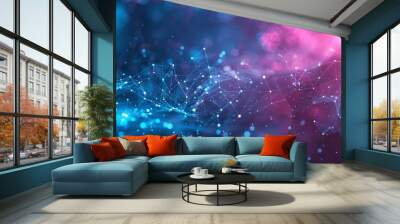 abstract network background with pink and blue dots and lines on a dark background. design of cybern Wall mural