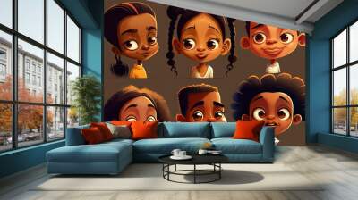 African children avatars. Illustration of teenage girls and boys with different emotions. Generative ai Wall mural