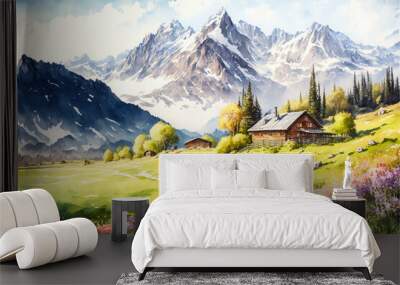 Alpine village, blooming spring plants and mountains on the background, watercolor. Generative AI. Wall mural