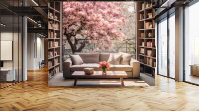 An elegant library with a stylish sofa, table, and a bouquet against a window with a blooming garden view. Wall mural