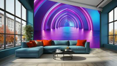 An underground tunnel brightly lit by neon purple lights running along the walls, creating a vibrant and futuristic atmosphere. Wall mural