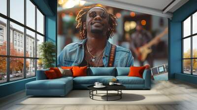 At a private poolside villa party, a trendy black guitarist entertains with adorable melodies. Wall mural