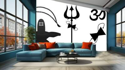 Attributes for worship of mahadev shiva. Black lingam and weapon of hindu god Mahadev with rosary damaru drum attached to vector handle. Wall mural