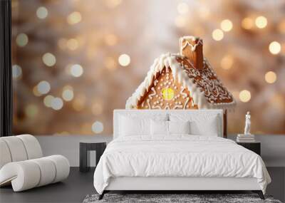 Beautiful and cozy Christmas background. Close up of gingerbread houses on table over lights blurred backdrop. Wall mural