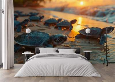 Beautiful baby sea turtles crawl towards the ocean at sunset. Wall mural