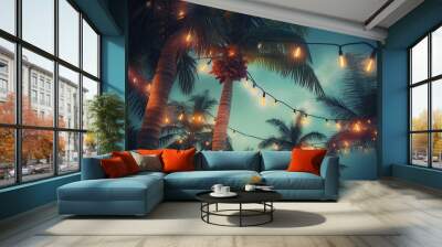 Beautiful garlands on tropical palm trees overlooking the sky. Summer decoration. Generative AI Wall mural