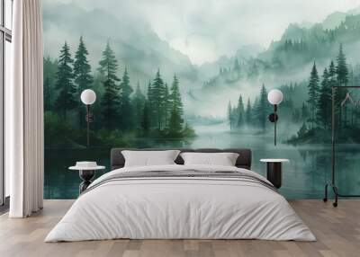 Beautiful landscape watercolor illustration, silhouette of forest and lake on background of mountains Wall mural