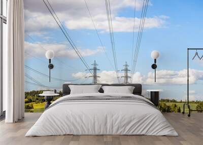 Beautiful landscape with electric lines and high voltage transmission towers Wall mural