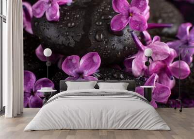 beautiful spa setting of zen basalt stones with drops, lilac closeup Wall mural