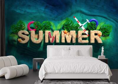 3d rendered illustration of summer beach banner design.Travel background. 3d text islands with colorful elements monstera and palm leaves, slippers, airplane and swimming rings in the middle of water Wall mural