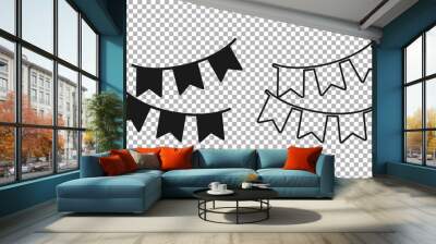 Black Carnival garland with flags icon isolated on transparent background. Party pennants for birthday celebration, festival decoration.  Vector Wall mural