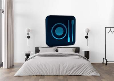 Blue Food chopsticks with plate icon isolated on grey background. Wooden Korean sticks for Asian dishes. Oriental utensils. Blue square button. 3d illustration 3D render Wall mural