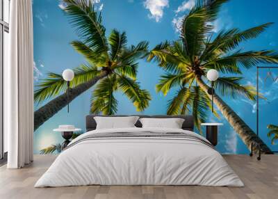 Bottom to top view two palm trees under a clear blue sky. Rest and relaxation concept. Wall mural