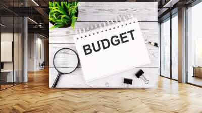 BUDGET text concept write on notebook with office tools on the wooden background Wall mural