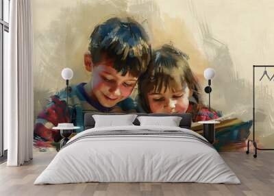 Children's reading a book together. International Children's Book Day illustration Wall mural