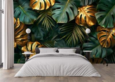 Close-up of a leafy green plant with golden leaves. The golden leaves are surrounded by green leaves, creating a contrast between the two colors. Wall mural