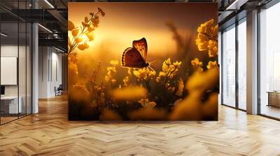 Close-up photography of butterfly and garden flowers at sunset made with generative AI Wall mural