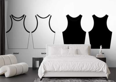 Collection of drawings of basic round necked shirt, isolate on white background. Sleeveless shirt pattern front and back view. Black and white t-shirt template for sports. Wall mural