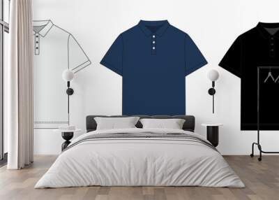 Collection of short sleeve polo shirt designs, isolate on white background. Sketch of classic polo shirt with collar and button closure. Set of polo shirts in white, blue, black colors. Wall mural