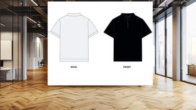 Collection of vector drawings of polo shirts with zipper, front and back view. Outline T-shirt template with collar, short sleeve. Sketch of a men's polo shirt with a zipper, white, black colors. Wall mural