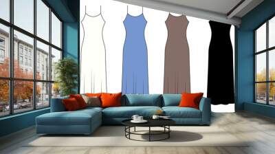 Collection of women's long sleeveless dresses pattern isolate on white background. Set of illustrations of sleep dresses white, blue, black colors. Drawing of maxi length strapless dresses. Wall mural