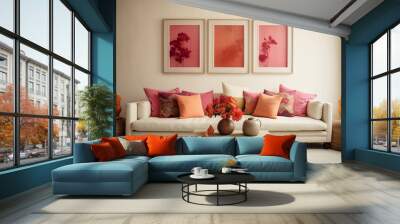 Cozy interior with pink and orange retro wall art set of 3 prints in floral abstract style. Contemporary furniture. White sofa with pillows. Wall mural