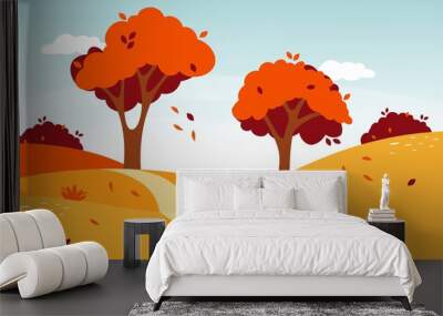 Autumn road landscape. Natural forest landscape. Vector fall foliage nature illustration. Wall mural