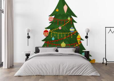 Christmas tree with fir gifts balls lights winter holiday gift card merry xmas celebration happy new year decoration vector illustration Wall mural