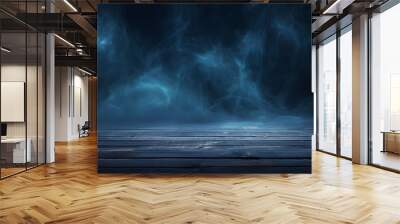 Dark blue fog over wooden plank floor. Black Halloween scene with blue smoke in the background. Wall mural