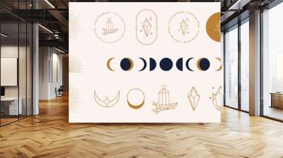 A set of female hand logos Crystal in a minimal linear style. Mystical logo template of sun crystals and moon Wall mural